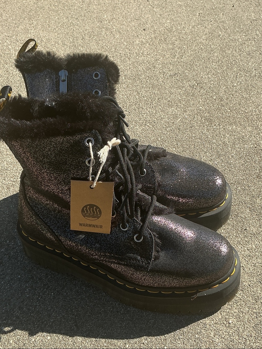 Dr. Marten’s Black Sparkle Faux-Fur Lace-Up Boots